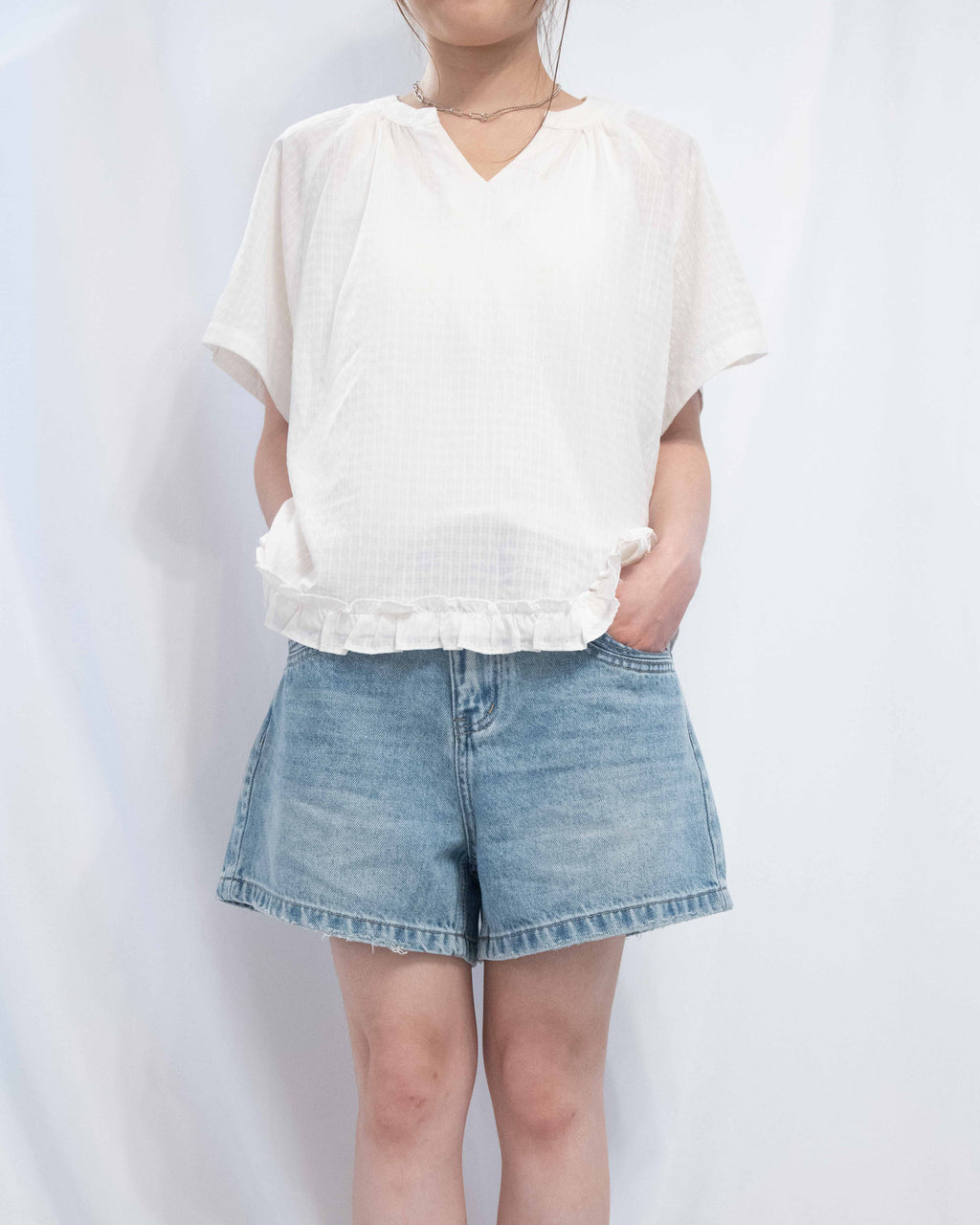 Ripple Hem V-Neck Blouse 荷葉邊下擺輕薄棉質短䄂上衣