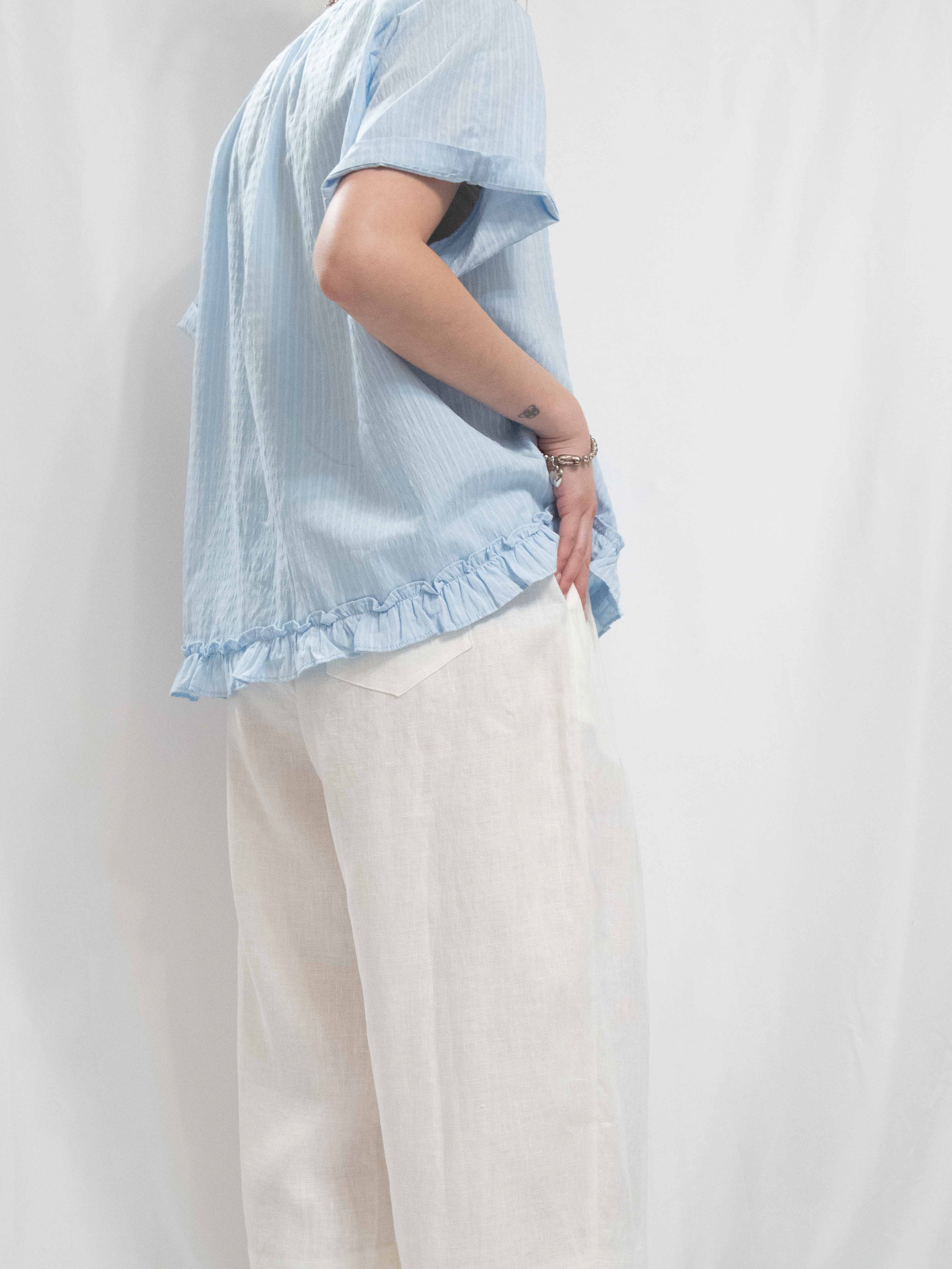 Ripple Hem V-Neck Blouse 荷葉邊下擺輕薄棉質短䄂上衣