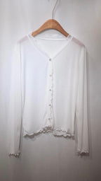 冷氣必備～ Ruffle-Trim Cardigan 天絲透感花透外套