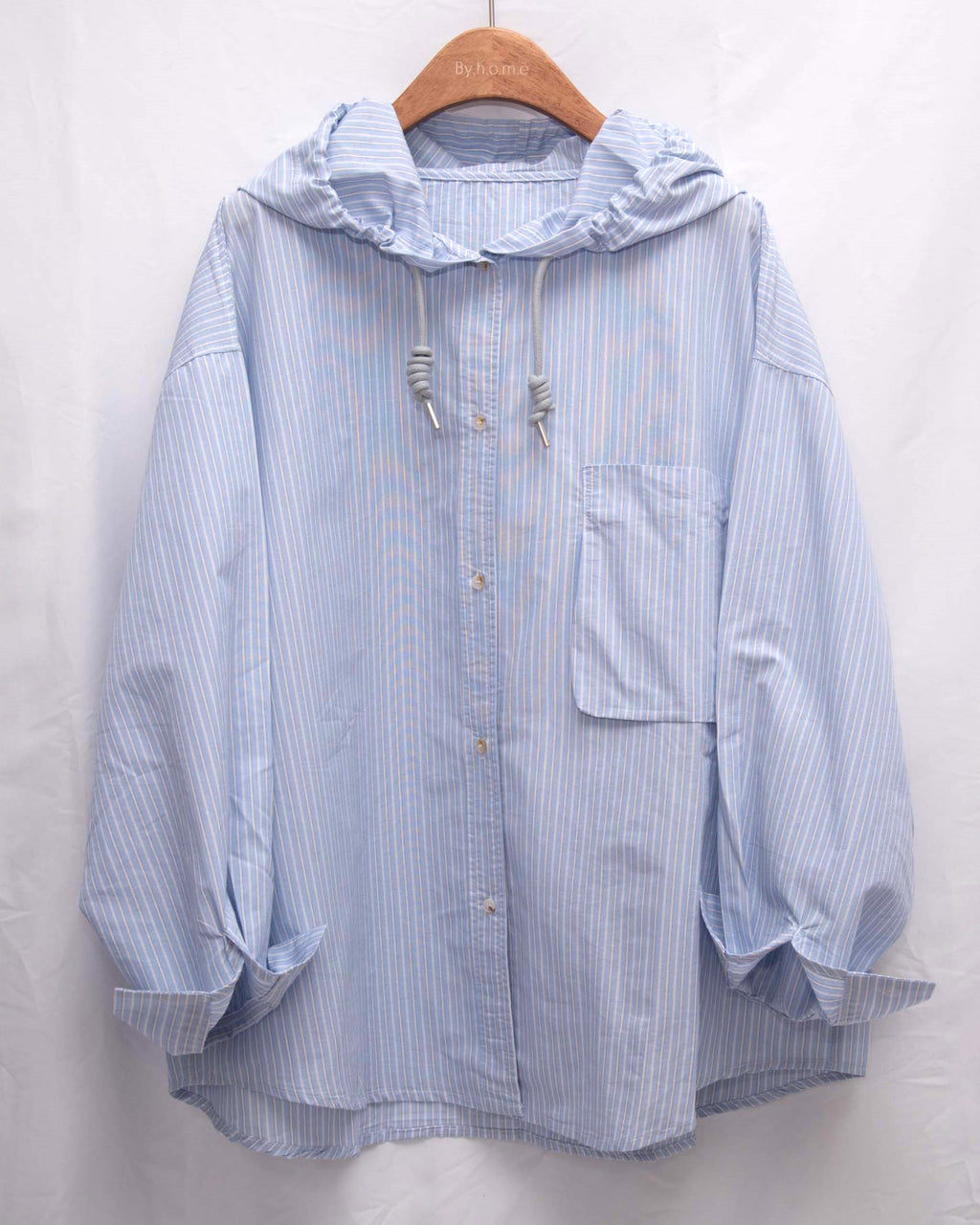 軟熟棉質~~ Slouchy Striped Hooded Long Shirt
