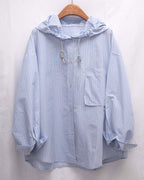 軟熟棉質~~ Slouchy Striped Hooded Long Shirt