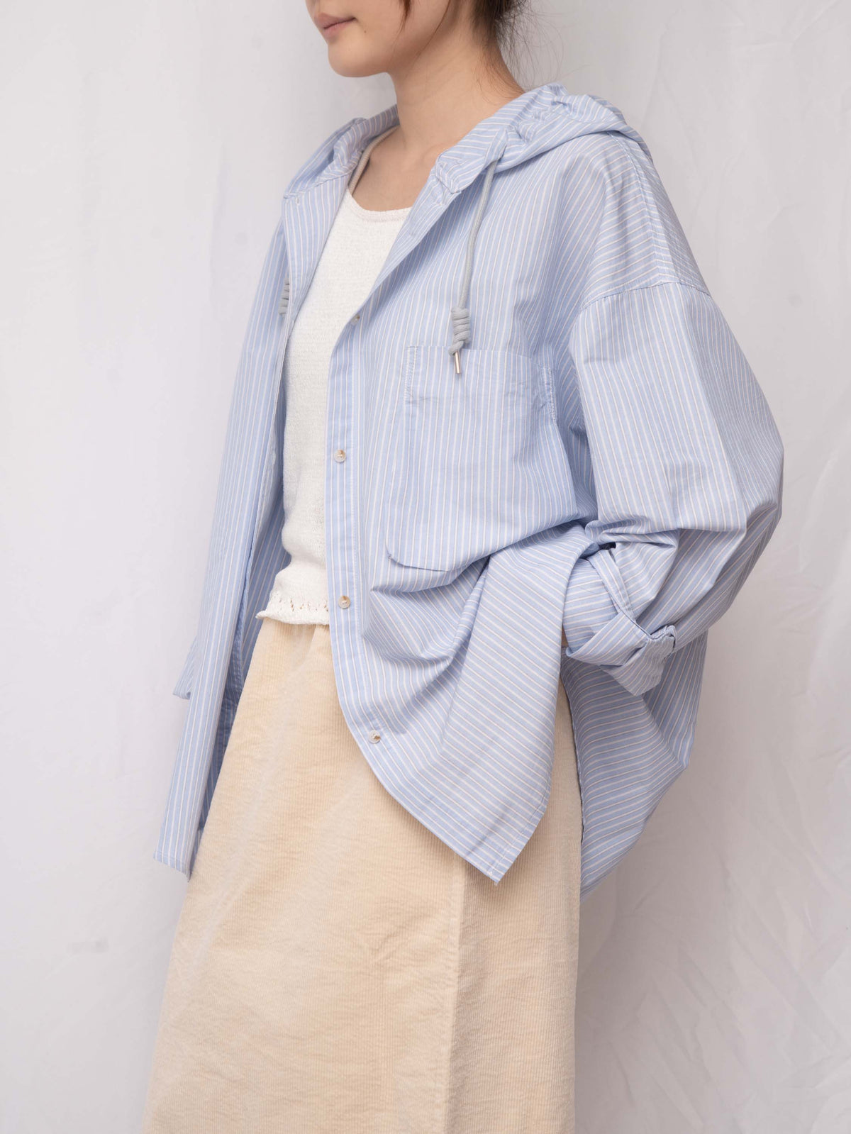 軟熟棉質~~ Slouchy Striped Hooded Long Shirt