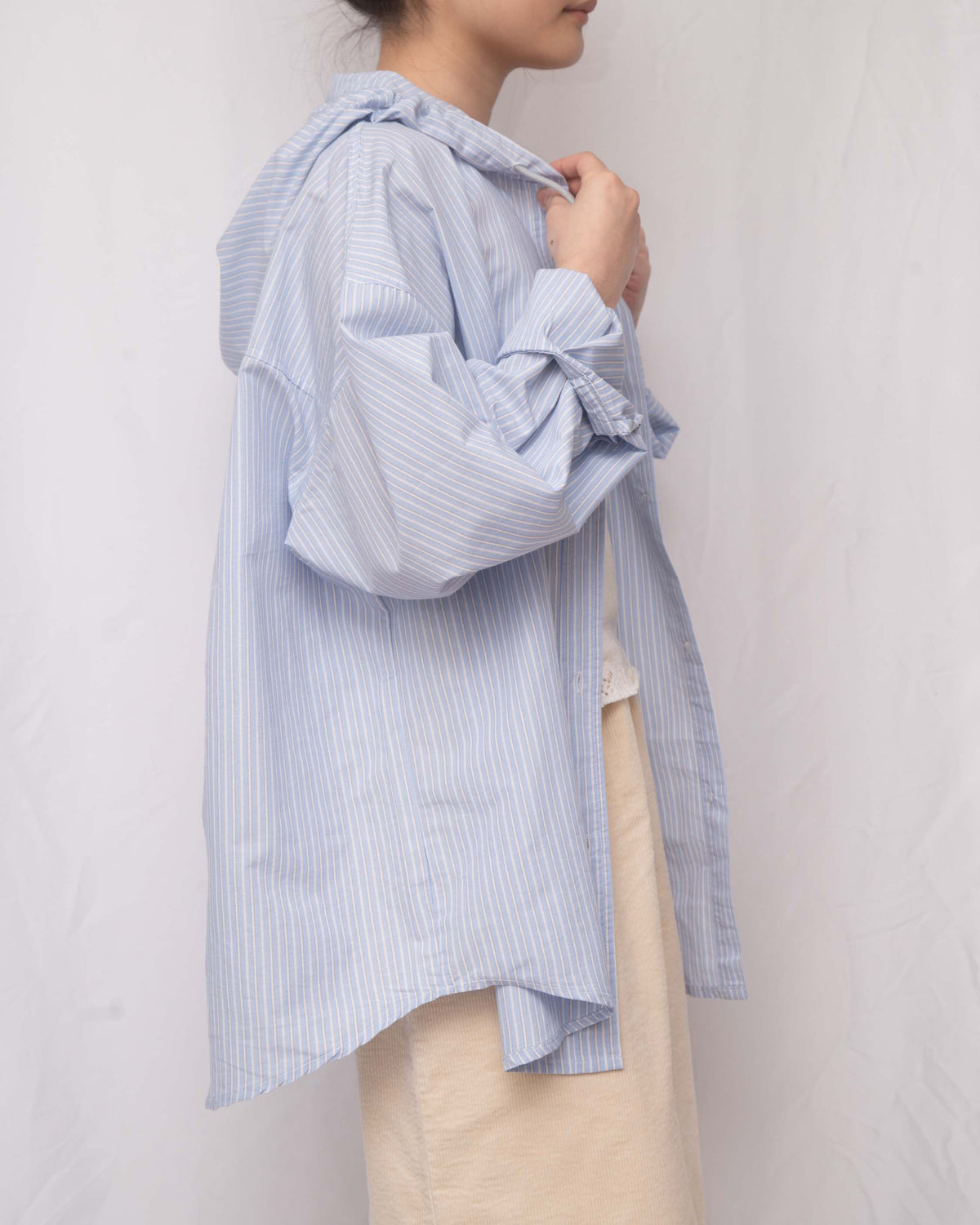 軟熟棉質~~ Slouchy Striped Hooded Long Shirt