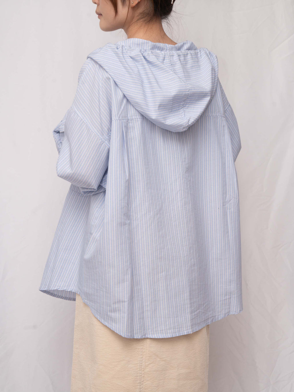 軟熟棉質~~ Slouchy Striped Hooded Long Shirt
