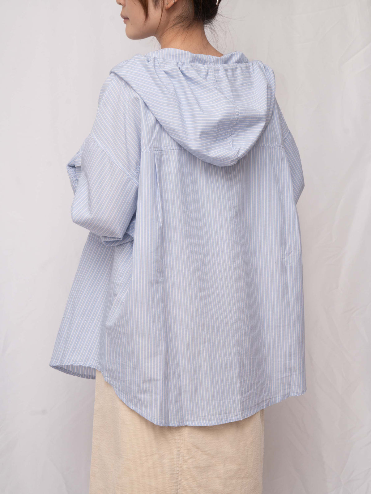軟熟棉質~~ Slouchy Striped Hooded Long Shirt