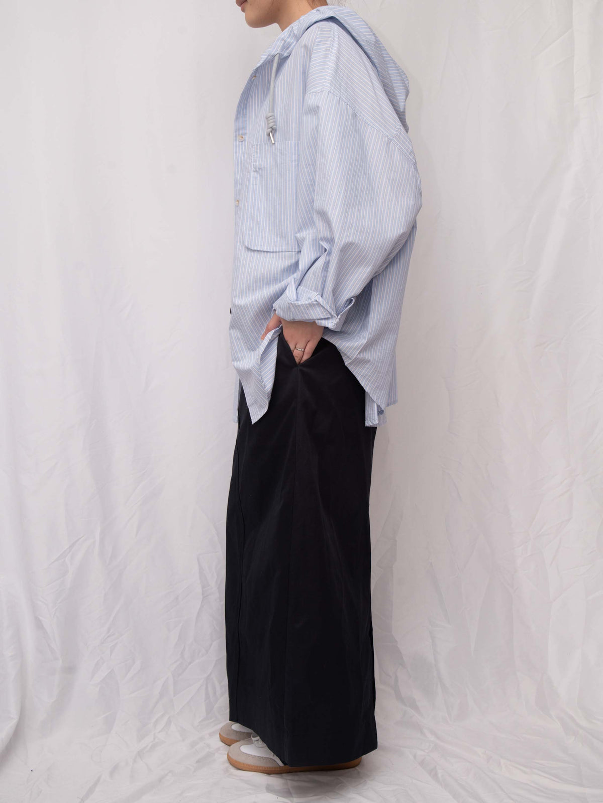 軟熟棉質~~ Slouchy Striped Hooded Long Shirt