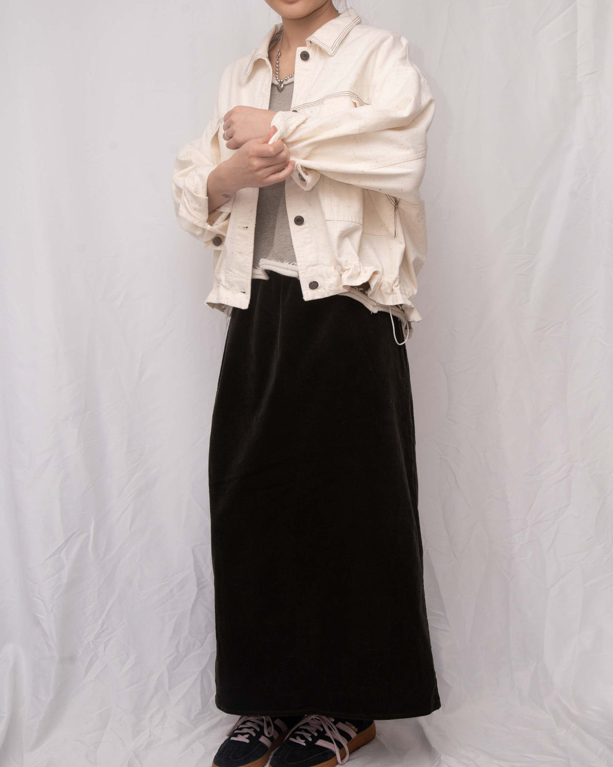 Ruffle Hem Confetti Cream Denim Jacket 抽繩彩點米白全棉牛仔外套