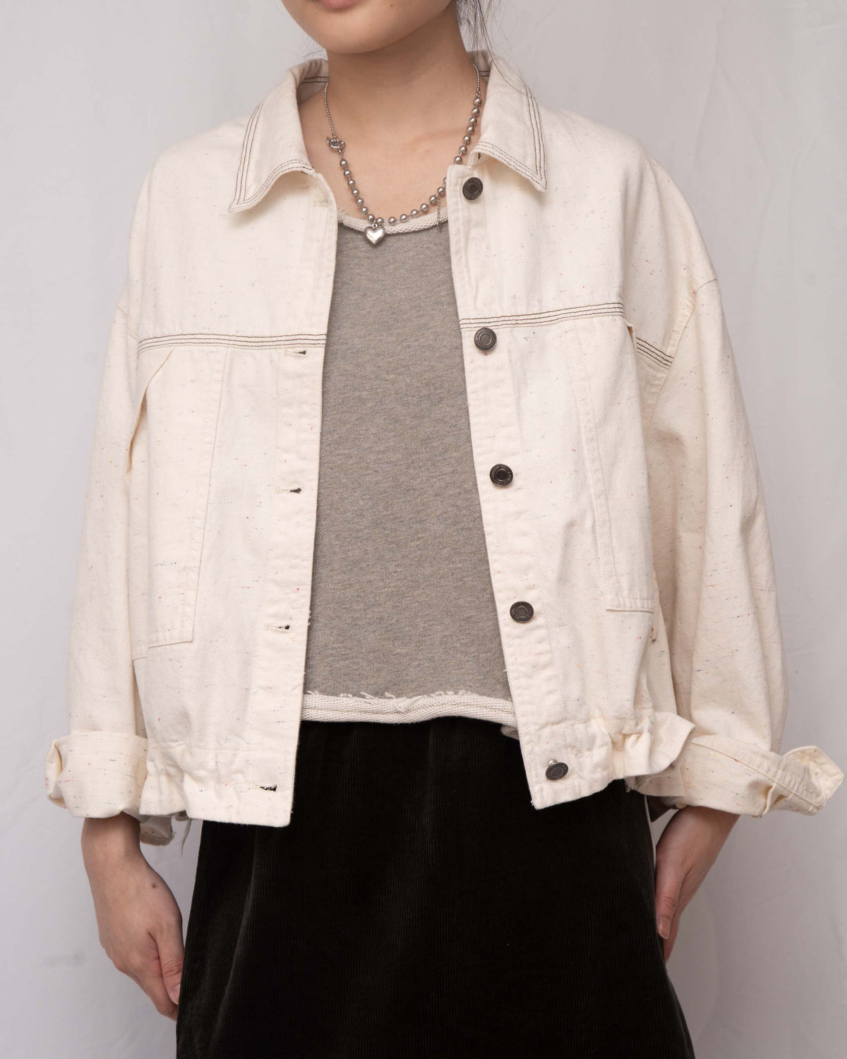 Ruffle Hem Confetti Cream Denim Jacket 抽繩彩點米白全棉牛仔外套