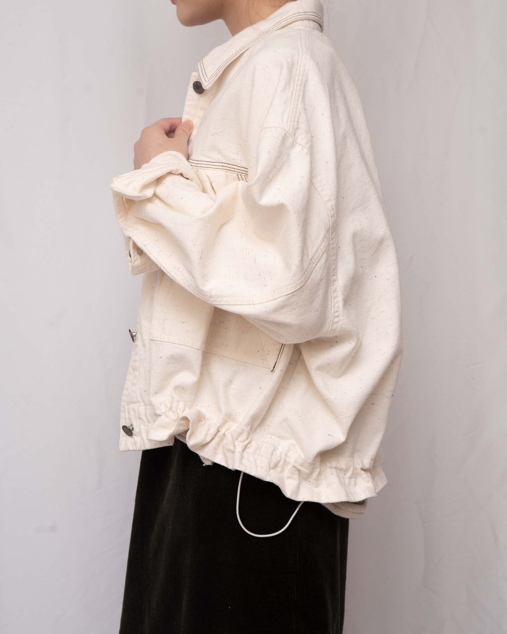 Ruffle Hem Confetti Cream Denim Jacket 抽繩彩點米白全棉牛仔外套