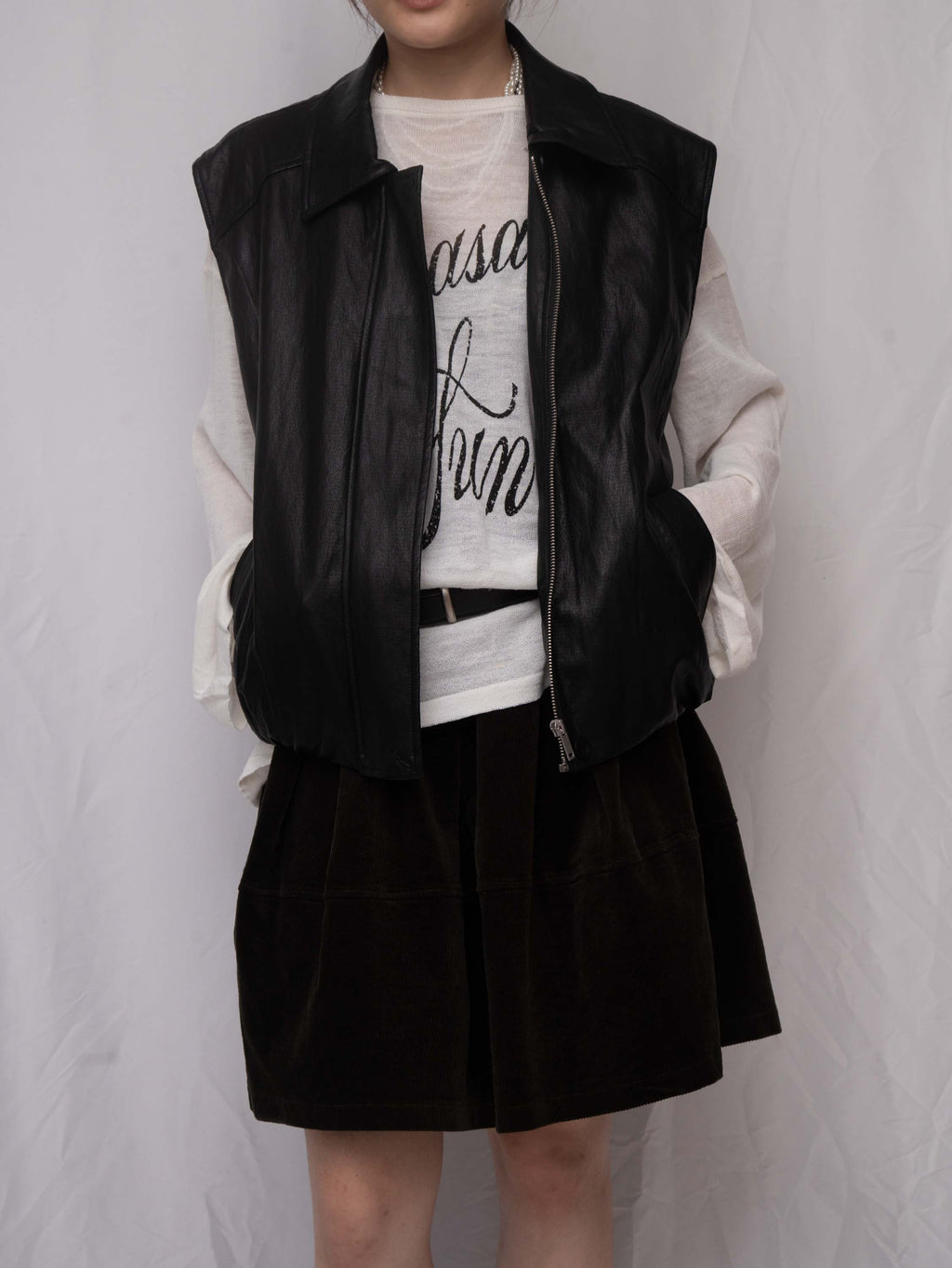 Luxe Vegan Leather Collared Gathered Vest 蛋白皮反領馬甲