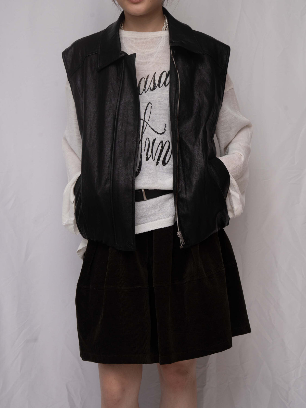 Luxe Vegan Leather Collared Gathered Vest 蛋白皮反領馬甲