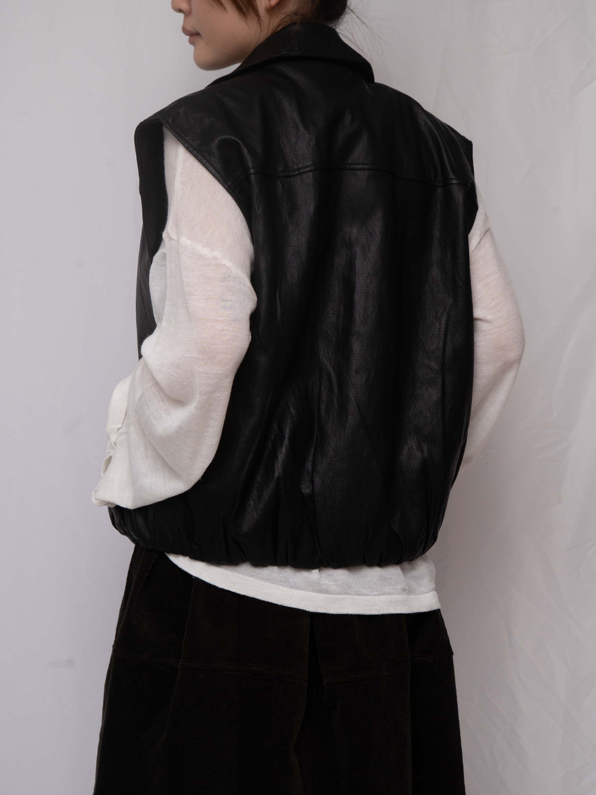 Luxe Vegan Leather Collared Gathered Vest 蛋白皮反領馬甲