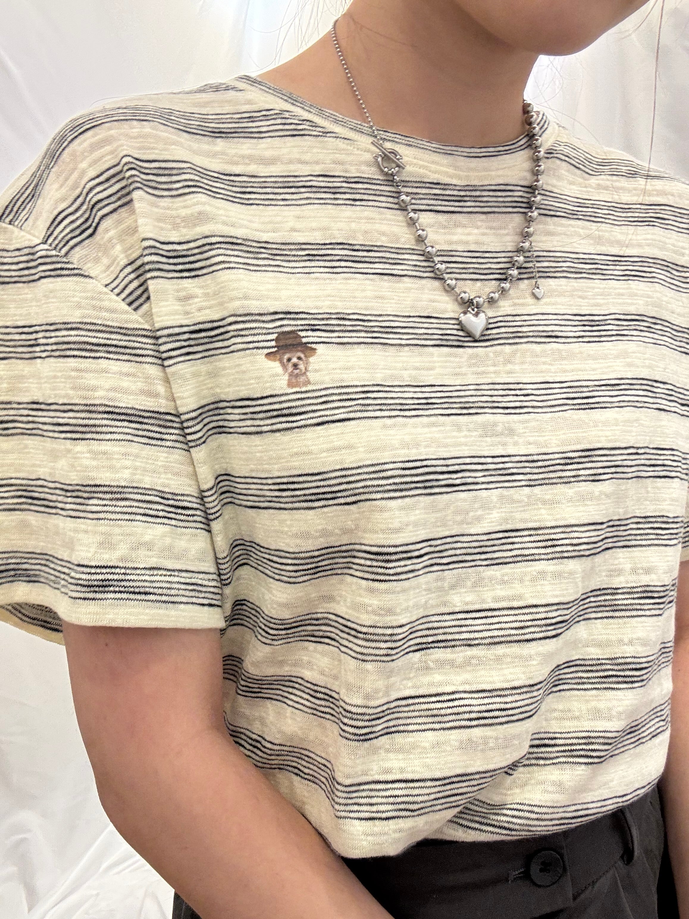 Petit Motif Striped Cotton Tee 棉麻間條狗狗tee