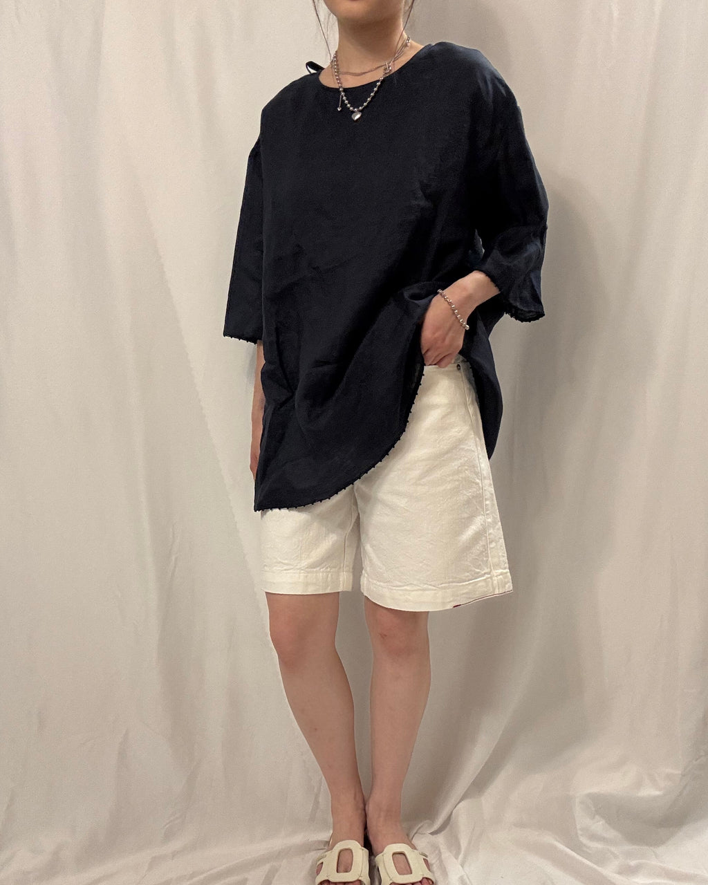 Tie-Back Linen Boxy Tee 亞麻長版中䄂TOP