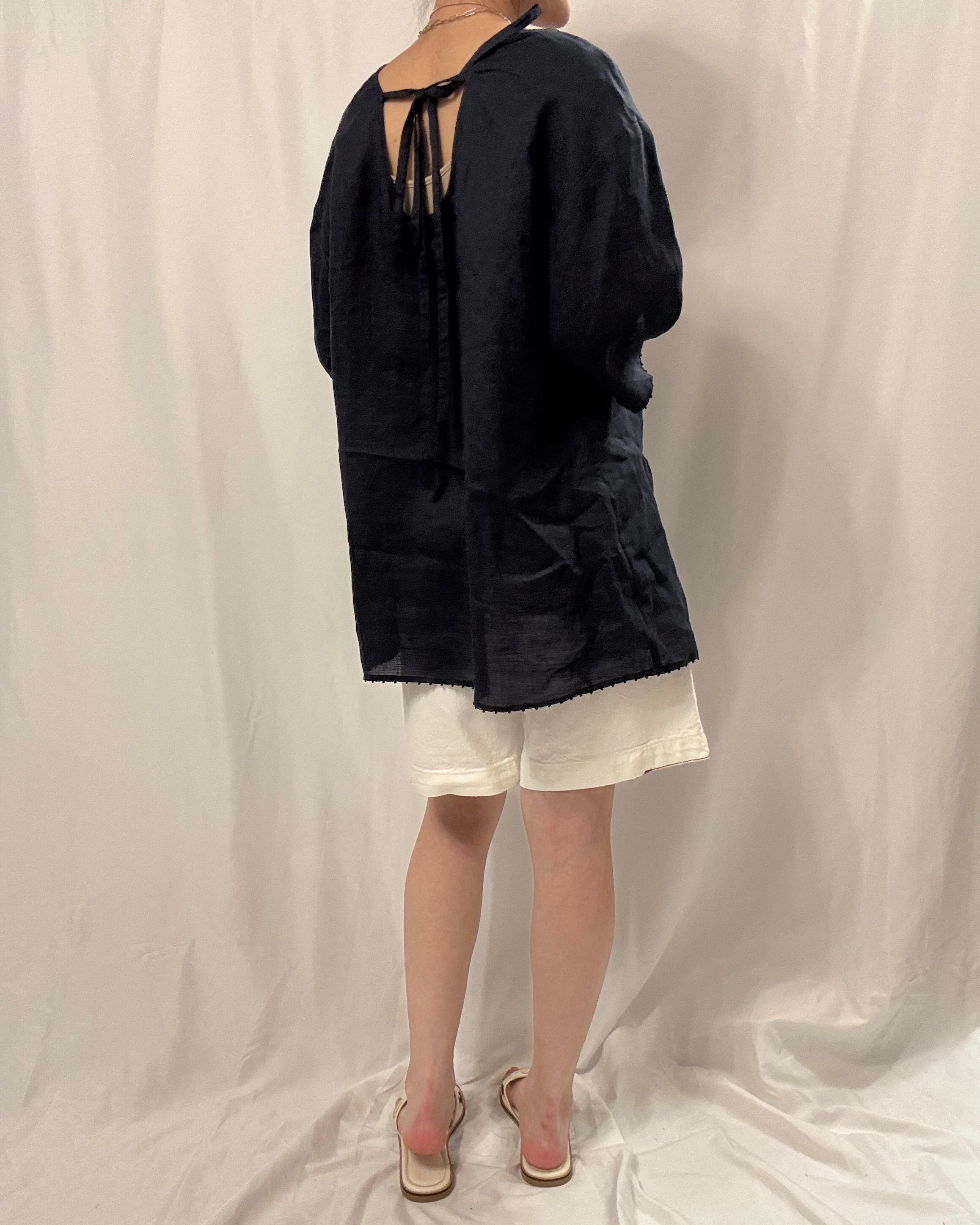 Tie-Back Linen Boxy Tee 亞麻長版中䄂TOP