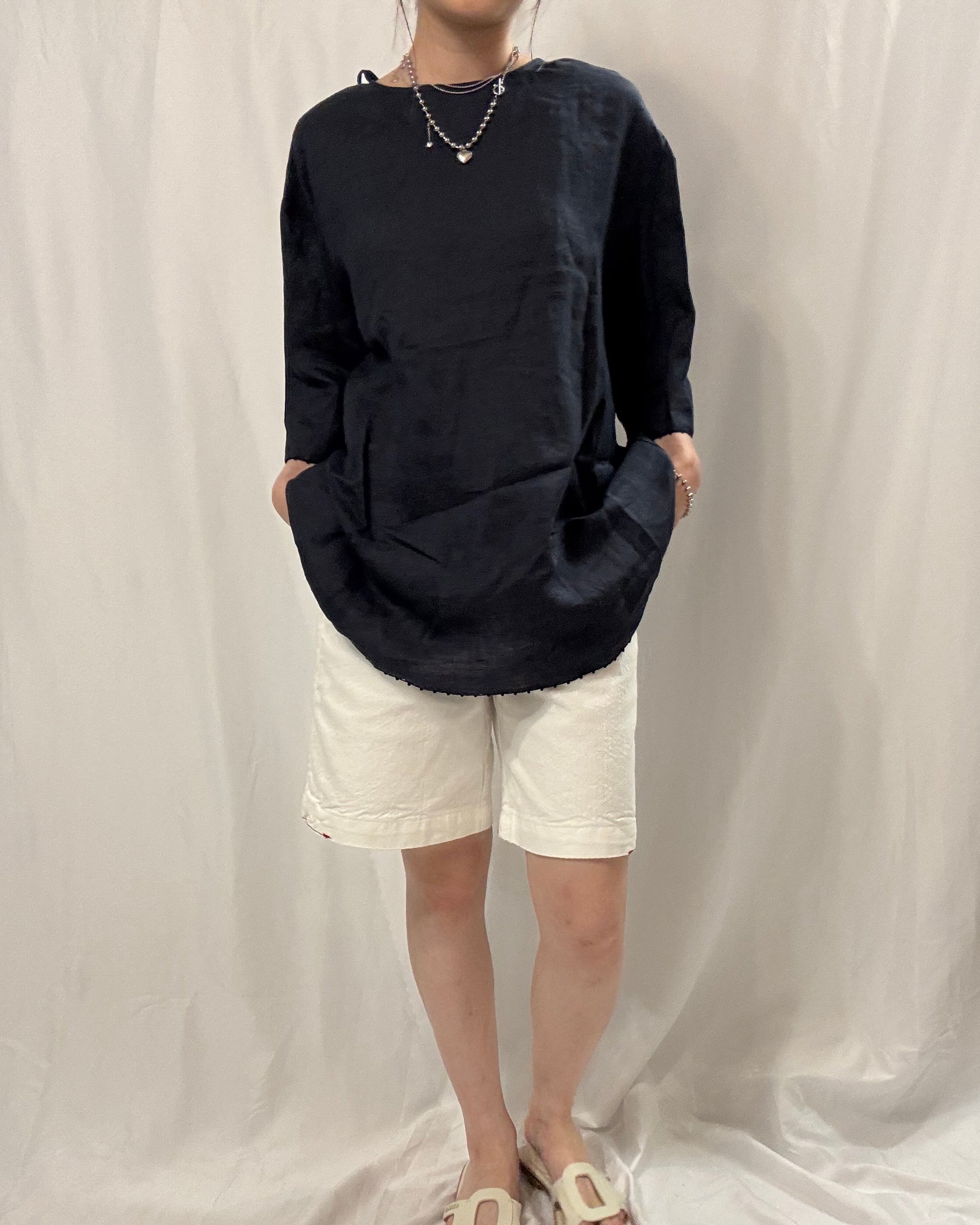 Tie-Back Linen Boxy Tee 亞麻長版中䄂TOP