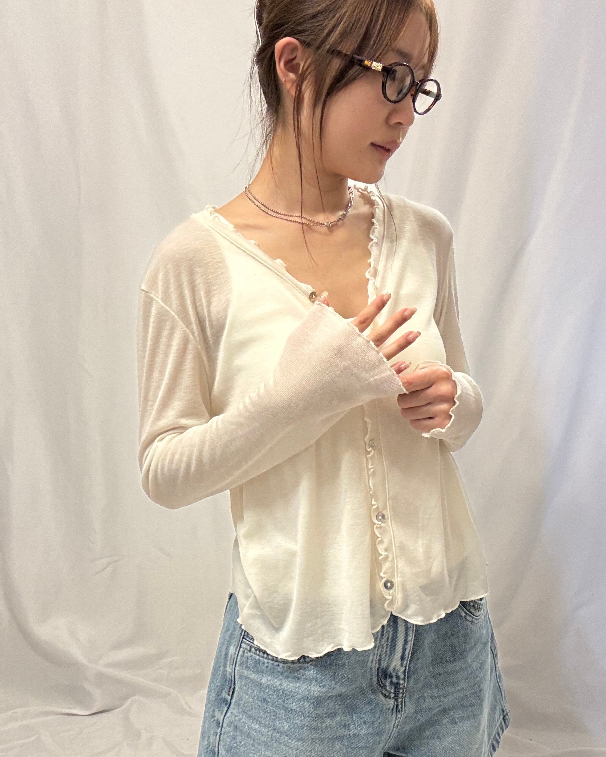 冷氣必備～ Ruffle-Trim Cardigan 天絲透感花透外套