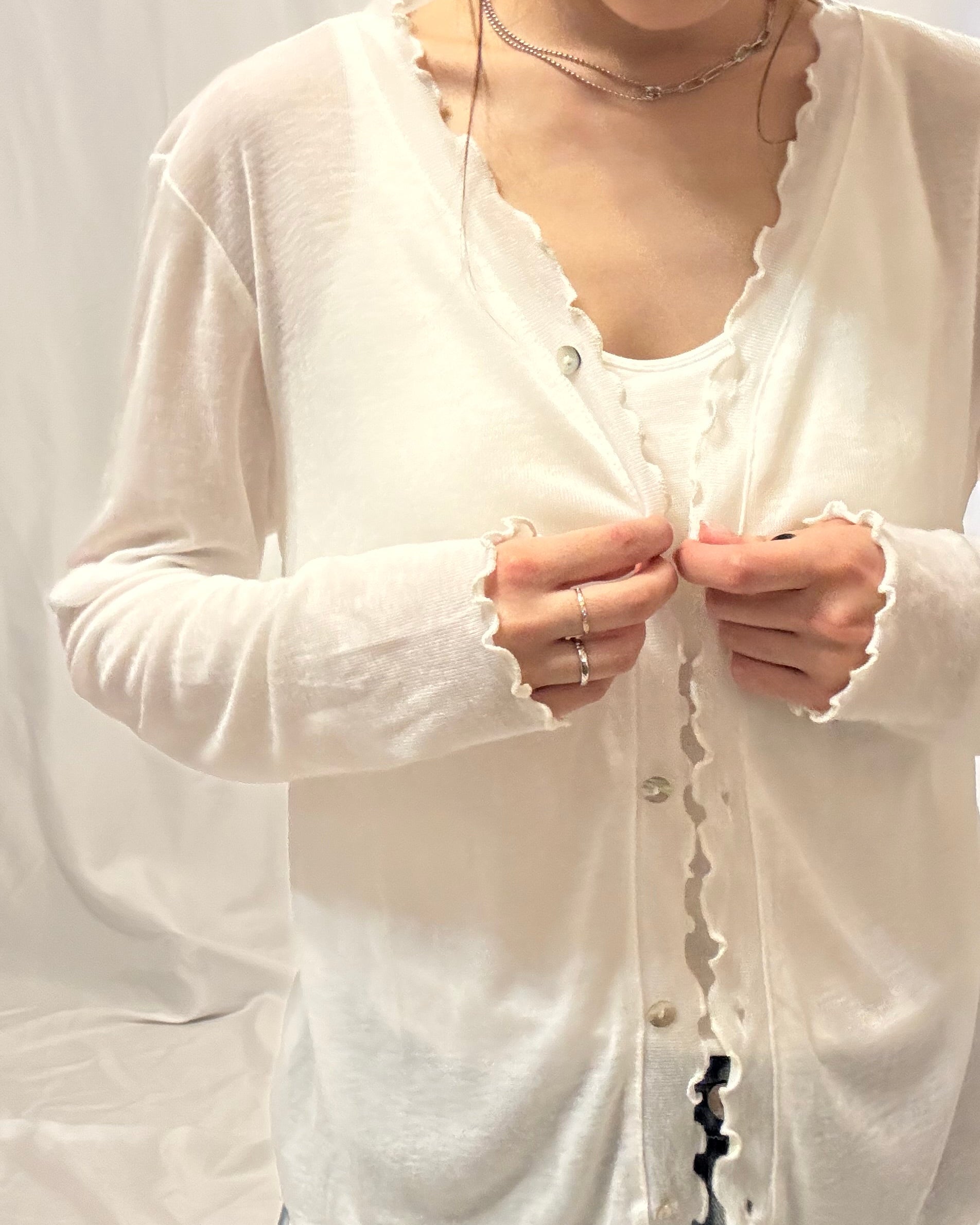 冷氣必備～ Ruffle-Trim Cardigan 天絲透感花透外套