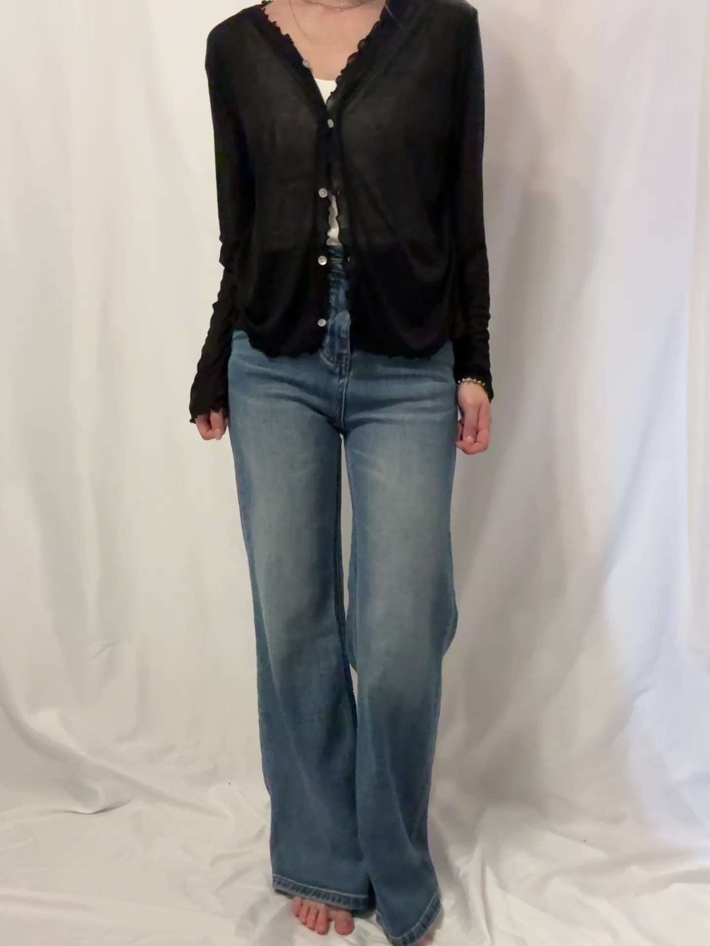 冷氣必備～ Ruffle-Trim Cardigan 天絲透感花透外套